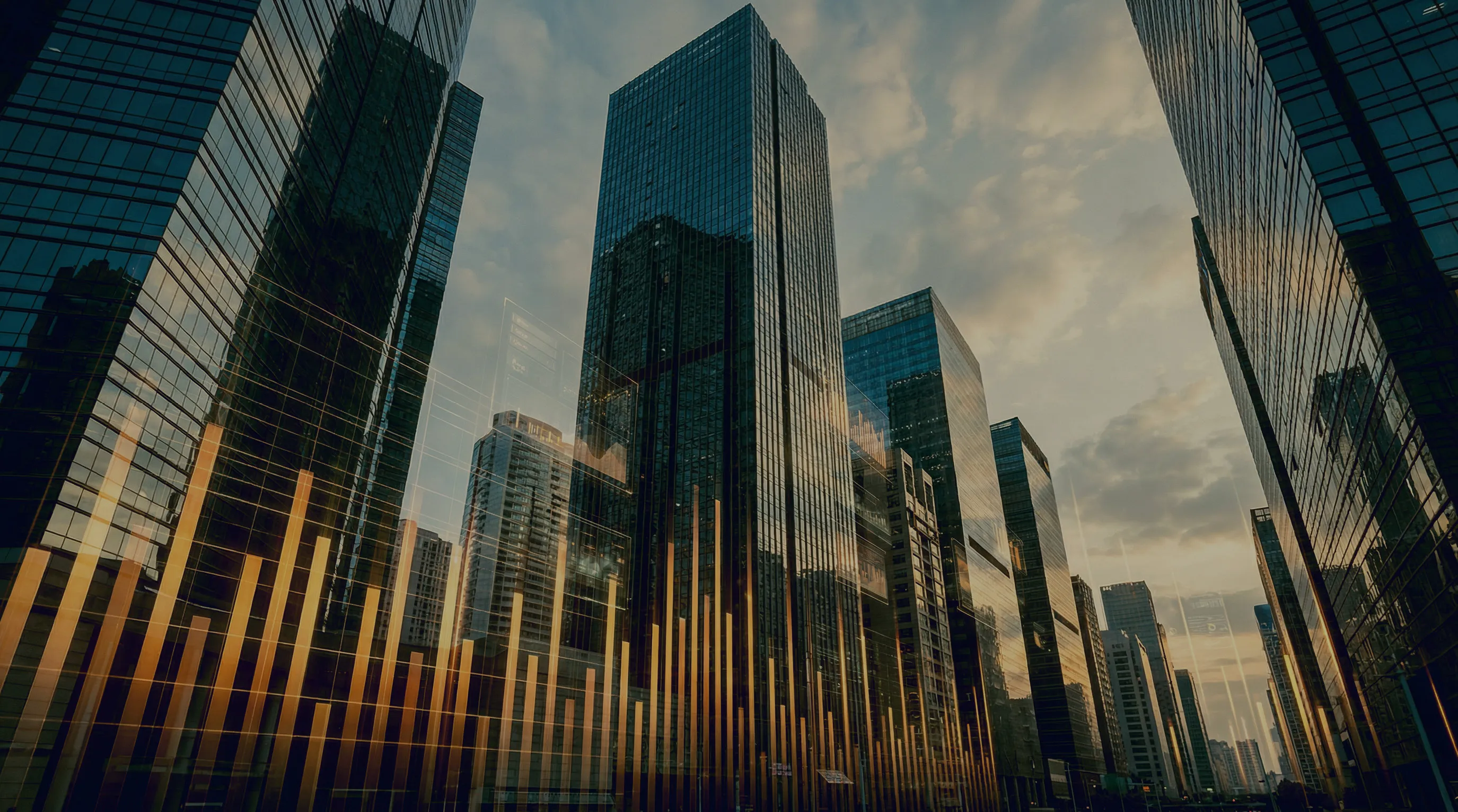 Modern glass office towers in a financial district at dusk